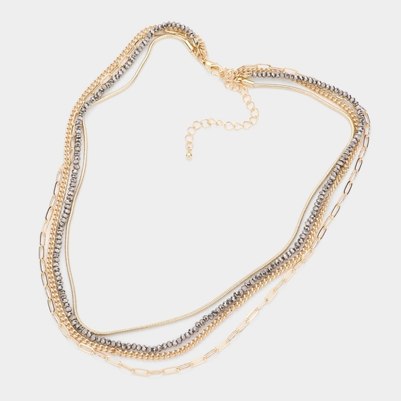 Gold Multi Layered Open Oval Link Beaded Necklace Chain Simple Strand Jewelry - Picture 2 of 2